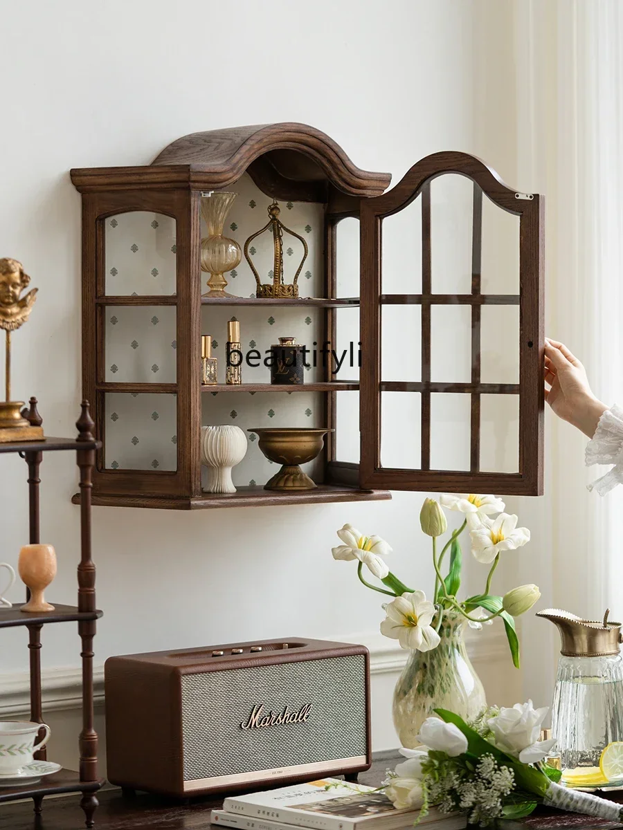 K185 French Retro Solid Wood Showcase Wall Storage Antique Wall-Mounted Storage Cabinet
