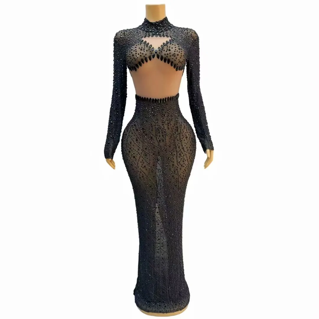 Sukienka Damska Wieczorowa Bal Studniówkowy Suknia Czerwony Dywan Kostium Seksowna Scena Elegancka Niebieska Błyszczące Dżety Przezroczysta Siateczka Długie Rękawy