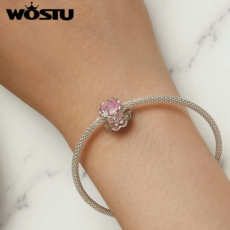 WOSTU 925 Sterling Silve Flower Teacup Pink Charm Enamel Bottle Travel Vacation Fun Pendant Fit Original Bracelet Women DIY Gift