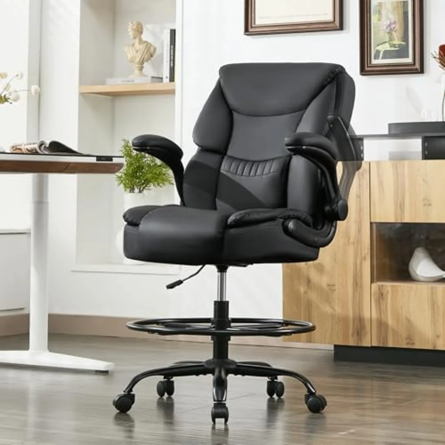 500LBS Drafting Chair, High Back Safer Standing Desk Chair, Executive Tall Office Chair with Flip-up Armrests