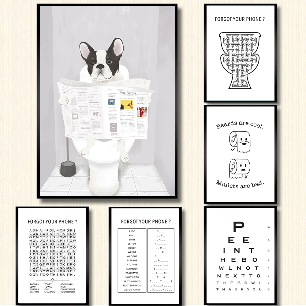 French Bulldog in Toilet Poster Funny Bathroom Rules Sign Nordic Butt Chart Prints Toilet Humour Pictures Bathroom Home Decor