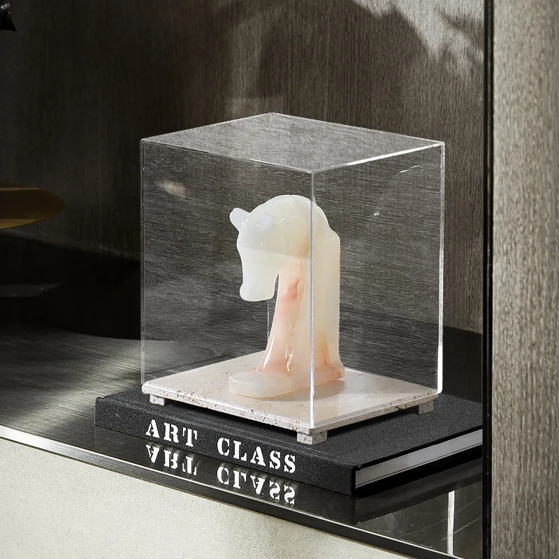 Clear Acrylic Display Case with Travertine Base Dustproof Protection Showcase for Collectibles Figurines Cake Dessert