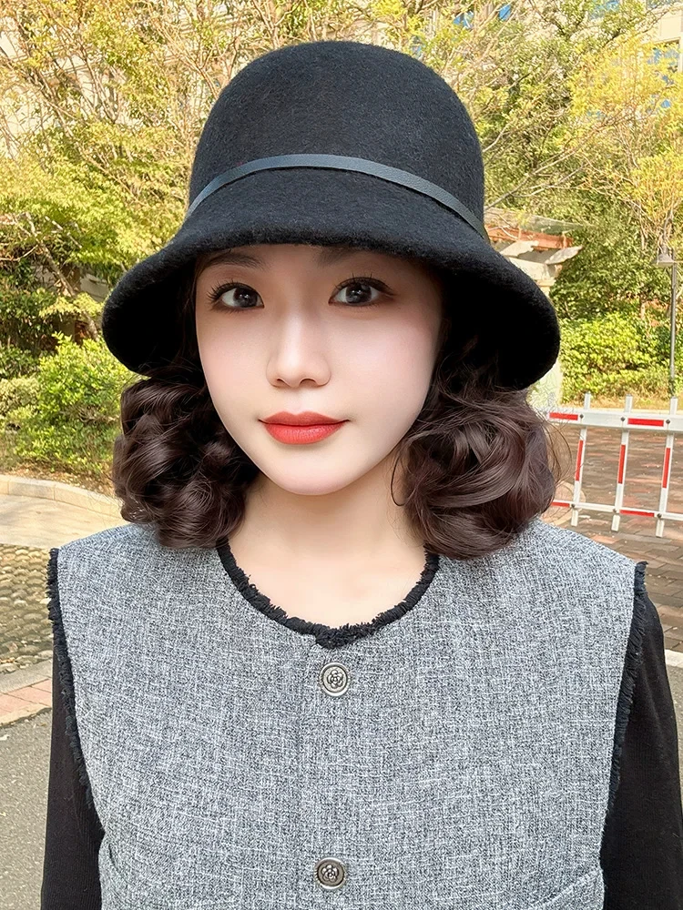 vintage elegant wool small hat Synthetic integrated Hat wig Autumn And Winter fisherman's hat Warm hat wig for women daily wear