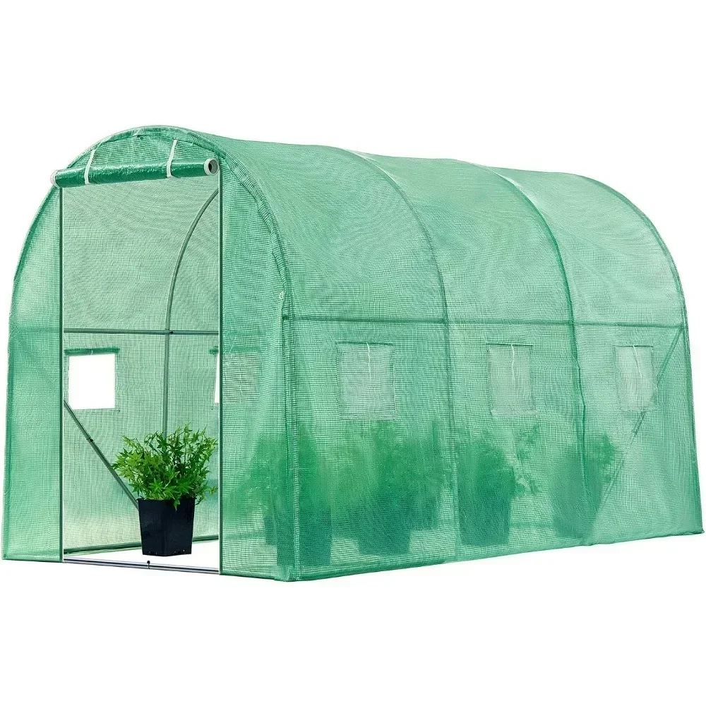 Greenhouse, 10x7x7 Ft. Walk in Tunnel Plant Hot House with Green PE Cover, Roll-up Zipper Door for Outdoor, Green House