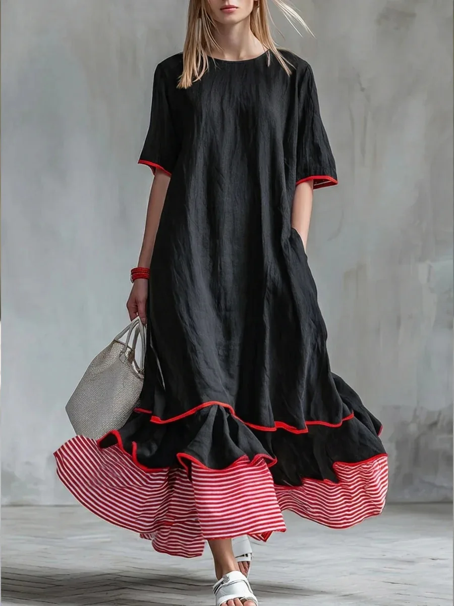 Navy Contrast Red Piping Striped Ruffle Hem  Midi Dress Casual Side Pocket Loose Tunic Dress