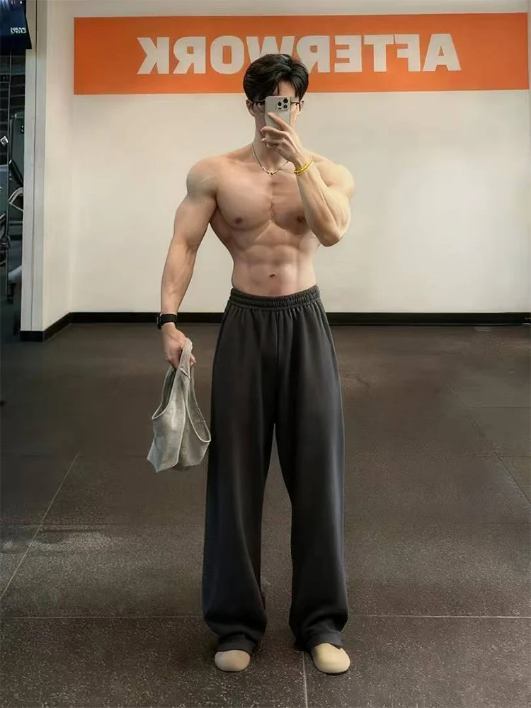 

Мужские спортивные брюки для фитнеса, зимние утепленные, прямого кроя, с эффектом драпировки, повседневные, в американском стиле, для активных мужчин, ветрозащитные