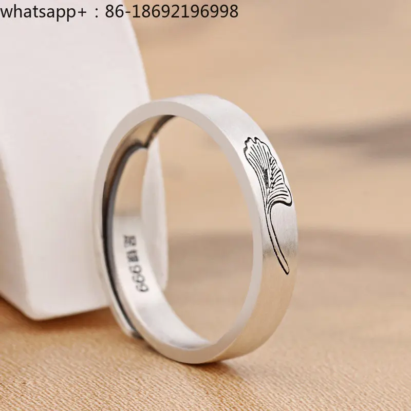 Ginkgo Biloba Ring 999 Sterling Silver Women's Live Retro Matte Foot Silver Ring Ring