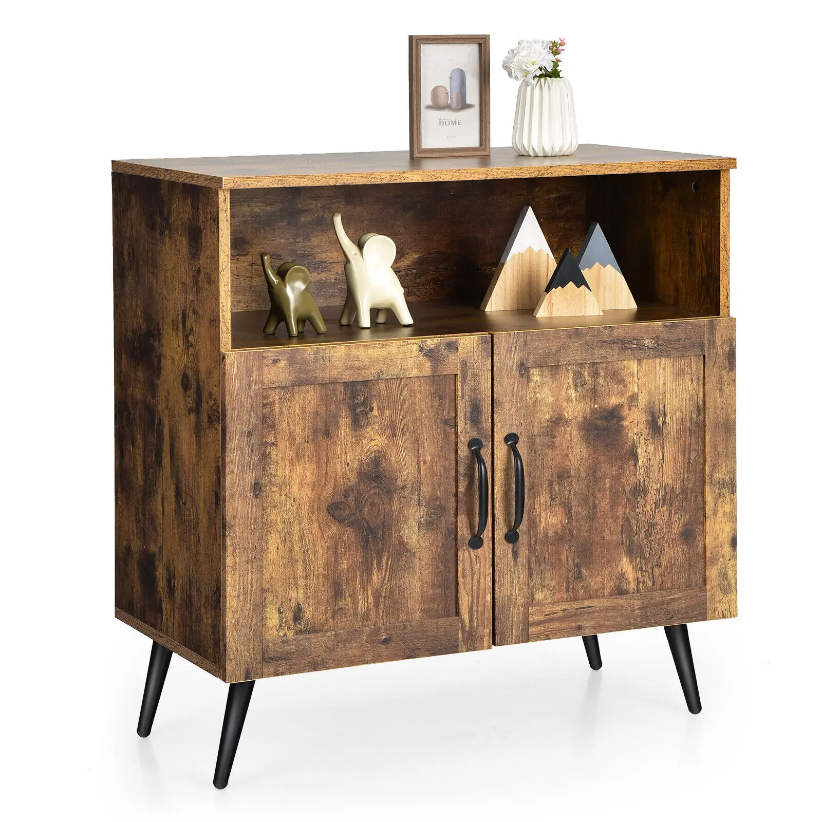 Costway Mid-century Storage Cabinet Sideboard w/ Doors Wine Glass Racks Rustic Brown