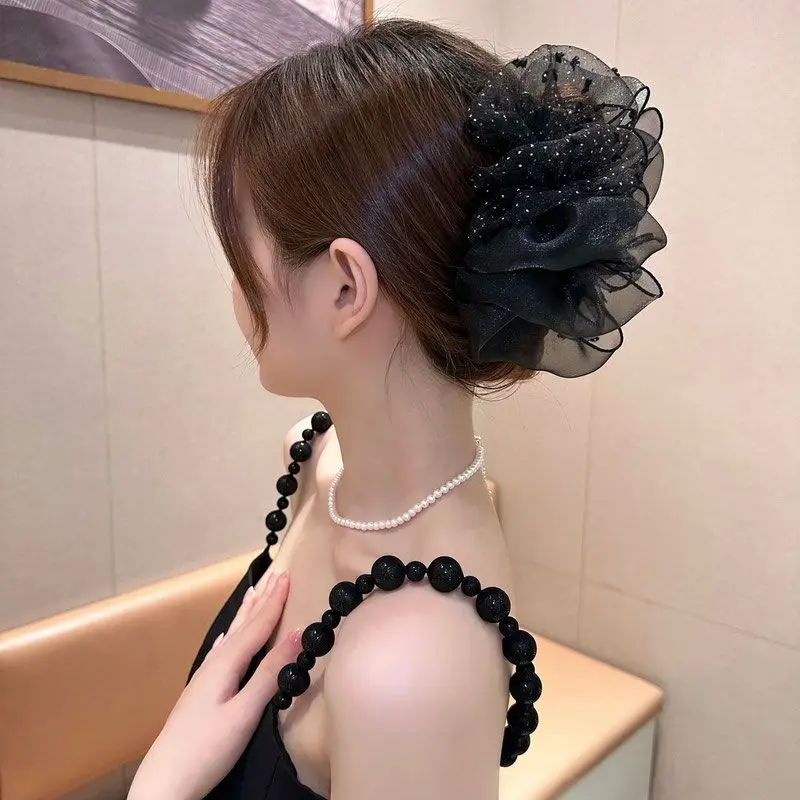 

Large Elegant Dots Black Double-Sided Mesh Bow Hair Claw Clips Large Crab Clip Barrettes Shark Clip Hair Accessories Women