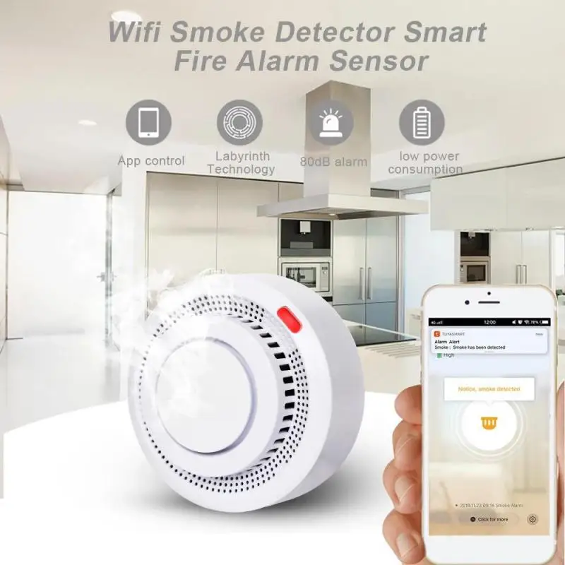 Smoke Detector 80dB Loud Volume Intelligent WiFi Smoke Alarm Smoke Detection Sensor APP Remote Control Detector Sensor