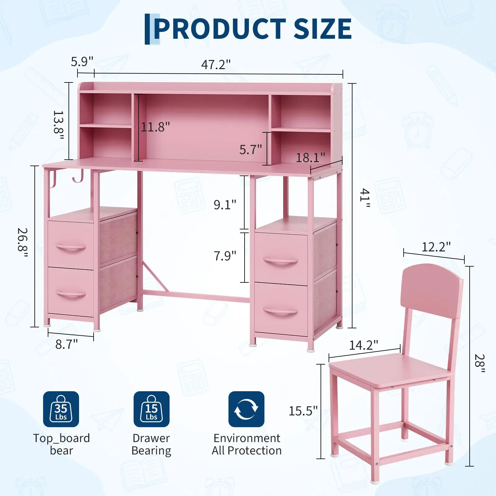 47.2 Inch Kids Desk And Chair Set With Hutch And Storage, Sturdy Metal Frame Kids Study Table For Ages 6 To 12, 4 Fabric Drawers, Detachable Hooks, Ergonomic Chair, Waterproof Top - view 3