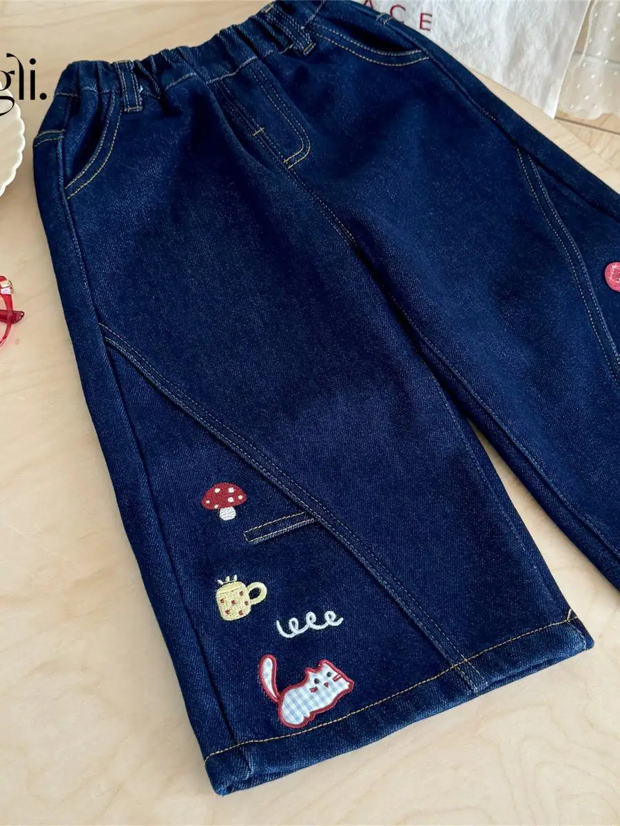 Abbigliamento Invernale per Bambina, Pantaloni in Denim a Gamba Dritta con Ricami, Pantaloni Larghi in Velluto Imbottiti per Autunno e Inverno
