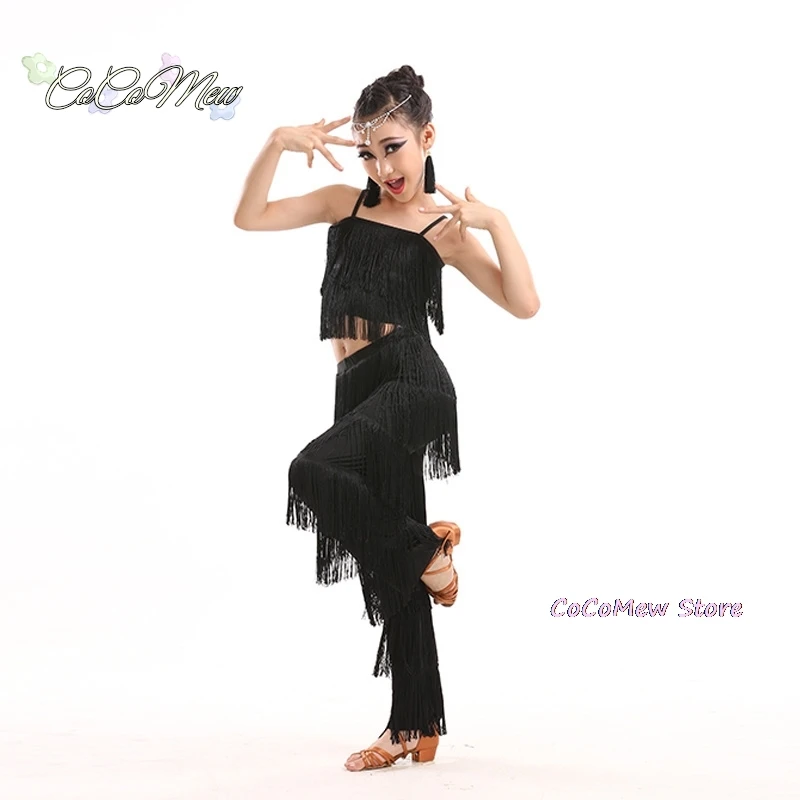 子供のフリンジドレス、タッセルパンツ、salsaとsambaのスパンコール、子供のステージ衣装、ボールルーム、プラスサイズ