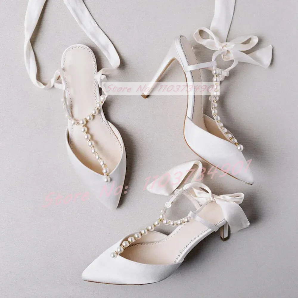 

Pearl Lace Up Crystal Wedding Sandals Women Elegant Pointy Toe White Satin High Heels Shoes Female Casual Fashion Big Size Shoes