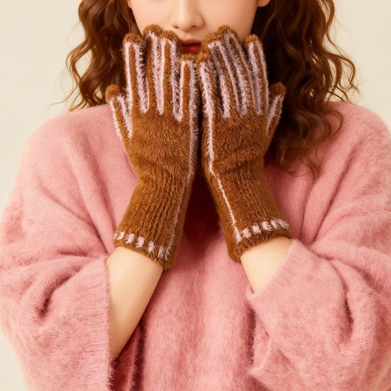 2025 Autumn and Winter Warm Gloves Girls Cute Outdoor Cycling Windproof Cold Flip Finger Touch Screen Thickened Plush Gloves