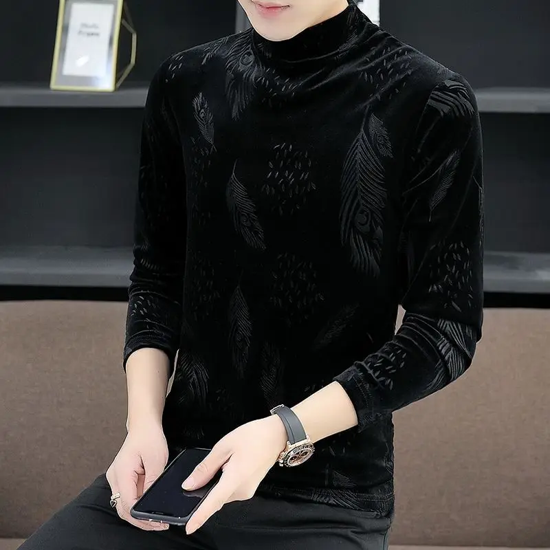 Trend Fashion Spring Autumn Golden Velvet New Men Mock Neck Printing New Korean Smart Casual Long Sleeve Bottoming Shirt Tops