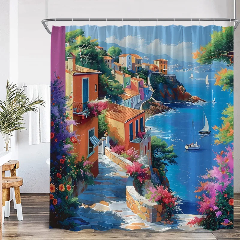 Seaside Town Shower Curtain Blue Ocean Floral Mountain Italian Architectural Scenery Bath Curtains Polyester Home Bathroom Decor