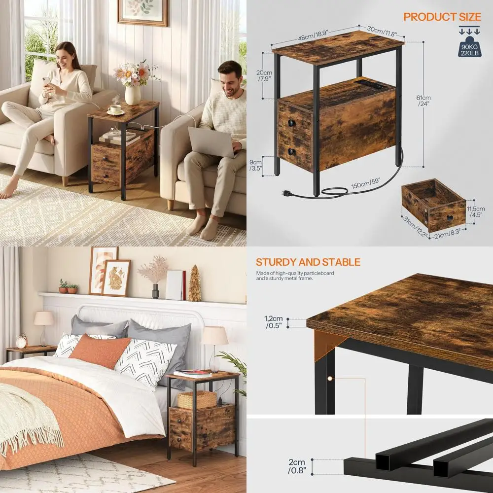 

Компактная прикроватная тумбочка с 2 ящиками, USB-портами и розетками, идеально подходит для небольших помещений, цвета: рустик-коричневый и черный.