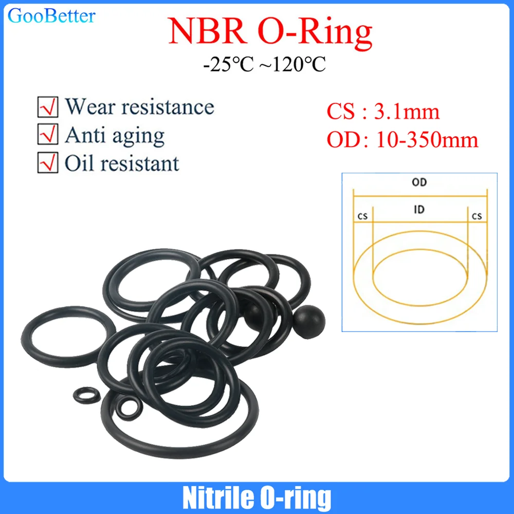 

1Pcs NBR O Ring Seal Gasket Thickness CS 3/3.1mm OD 10~350mm Nitrile Butadiene Rubber Spacer Oil Resistance Washer Round Shape