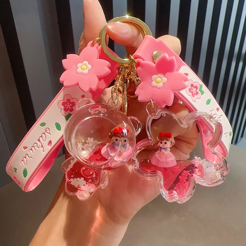 Cute Pink Princess Doll Oil Quicksand Drift Bottle Keychain Female Cartoon Korean Girl Heart Bag Bag Charm