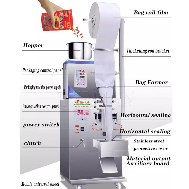 Máquina envasadora de bolsas de plástico para alimentos completamente automática, sello de tres lados, maní, café, frijol, nuez, cereales, arroz, alimentación para mascotas