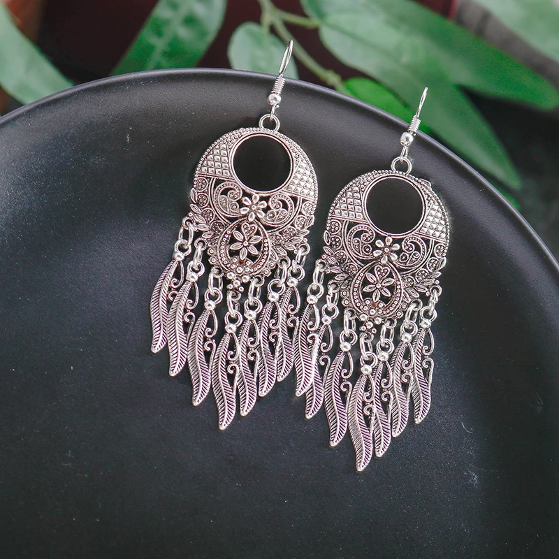 Aihua Vintage Tibet Silber Farbe große Aussage hohle geschnitzte Blumen geometrische Muster Blätter Quaste Tropfen Ohrringe für Frauen – Detail 9