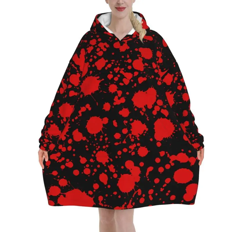 Red Bloody Wearable Blanket Hoodie Mysterious Bloody Paint Splashes Women Oversized Pullover Sweatshirt Fleece Sherpa Blanket