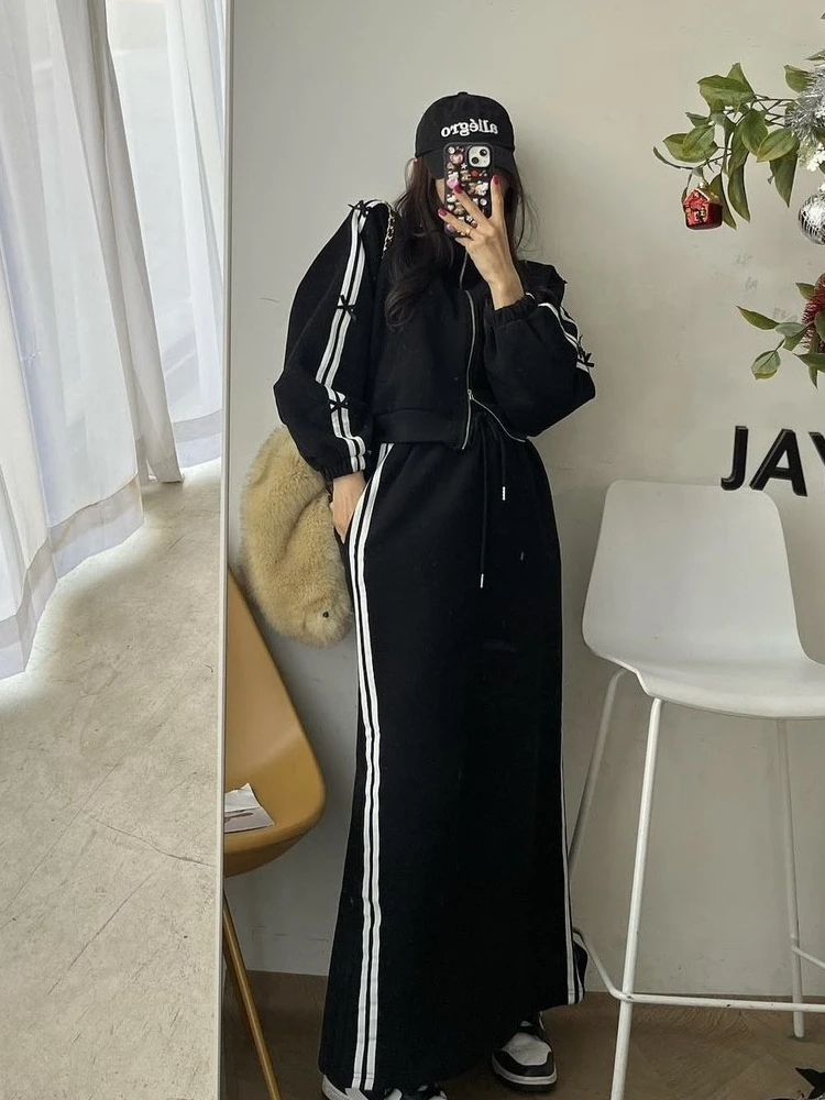 

Knot Splice Double Bar Sweatirt Cardigan Women's Anti-Aging Dstring Waist Split f Skirt Set Cotton Spring 2024