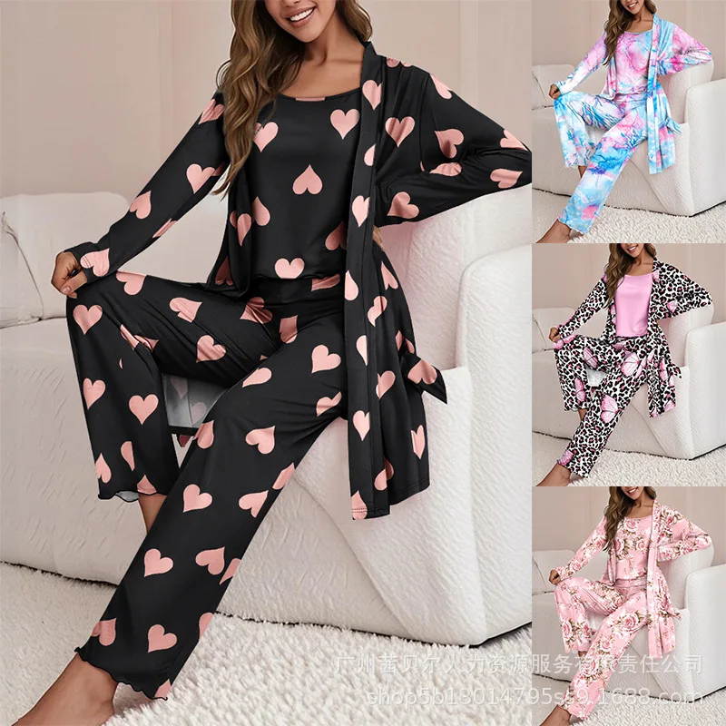 

Женский костюм из двух предметов, свободная домашняя одежда, леопардовый принт, открытый передний кардиган, однотонная пижама на бретельках и бабочка, комплект с поясом