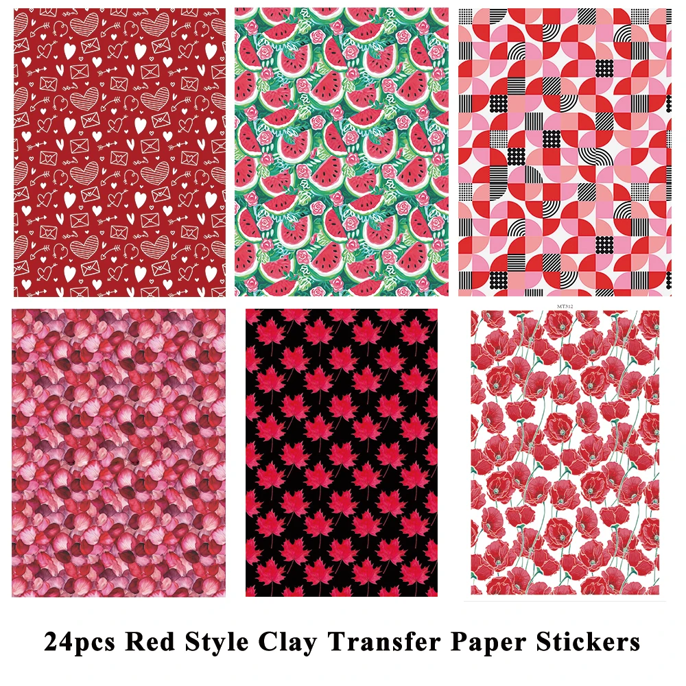 

24pcs Red Valentine Heart Watermelon Flower Soft Ceramic Earrings Water Soluble Disposable Sticker for Diy Jewelry Making Decal