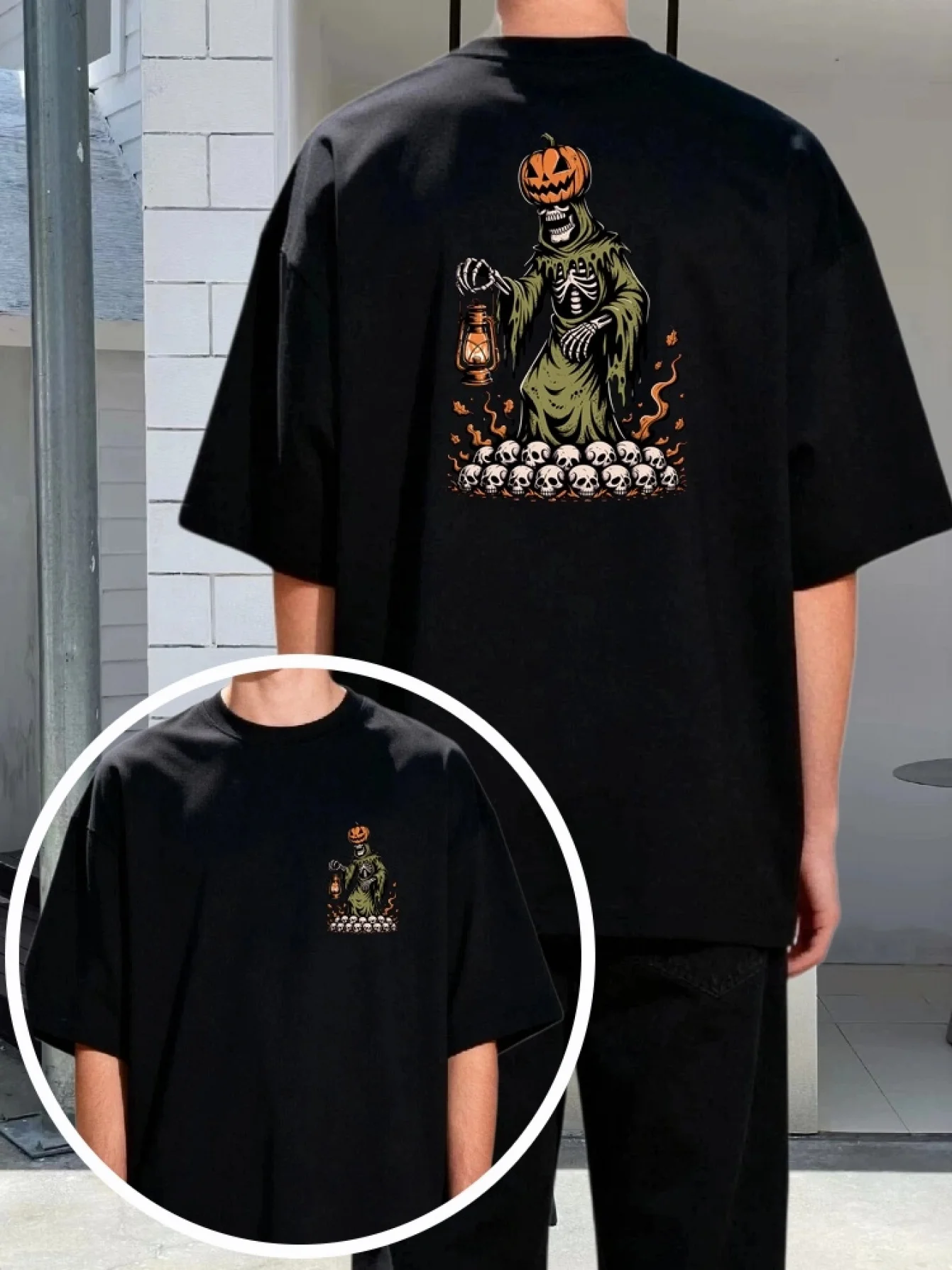 Double-sided Printed Short-sleeved Shirt Black T-shirt Halloween Pumpkin Head Skeleton Reaper with Lantern and Skulls