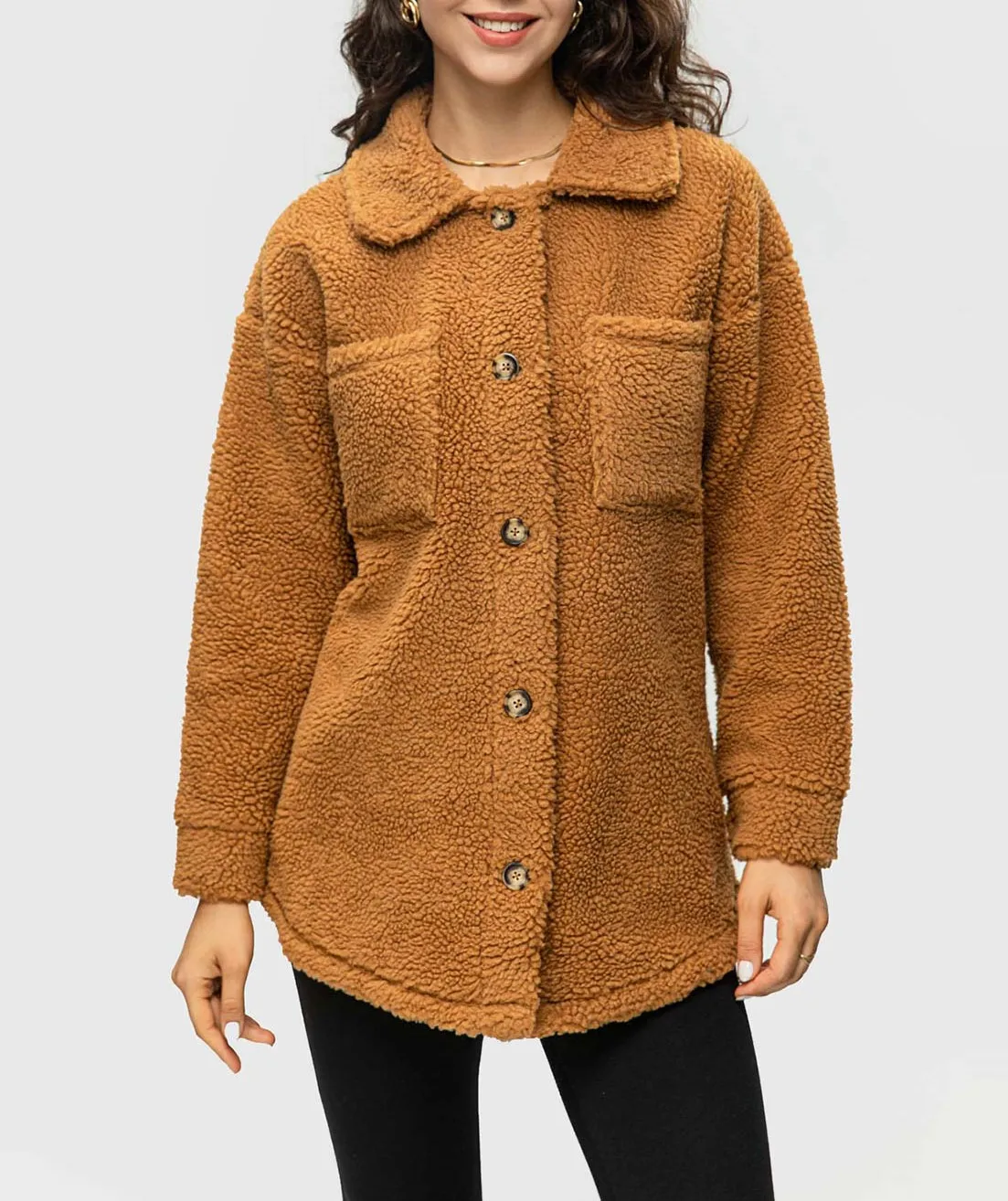 FASHIONSPARK Women\'s Teddy Bear Fleece Lapel Jacket Flannel Fuzzy Sherpa Jacket Long Sleeve Casual Winter Coat Button Down Shirt