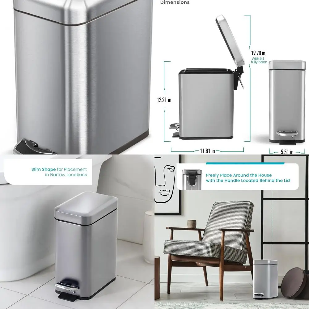 

Step-On Stainless Steel Trash Bin, 1.3 Gallon Slim Design, 5L Capacity, Silver for Home & Office Use
