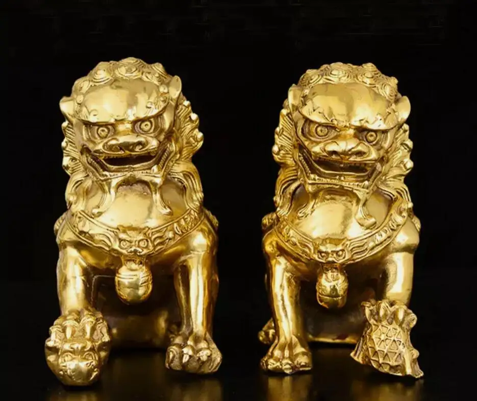 China old Classic Archaic Bronze lion pair Fu Foo Dog guard Statues lions 15.5cm