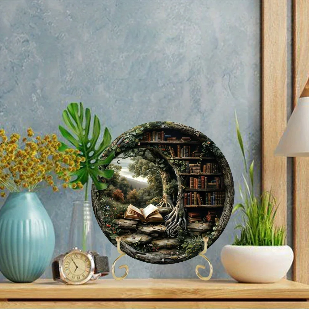 Flat Print Library and Books Themed Round Aluminum Sign, for Apartment Living Room, Wall, Home Decor, Family Friends Gifts, 2D