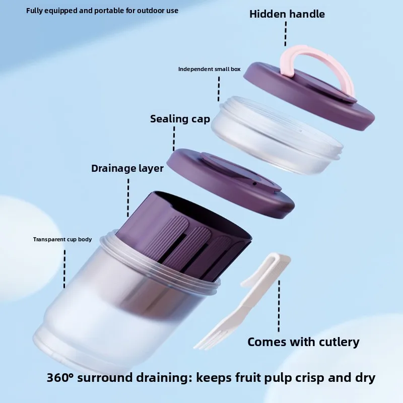 INS Round Plastic Salad Cup, Portable Double-layer with Fork, Multifunctional Breakfast Cup, Microwaveable, Takeaway Fruit Cup view 6
