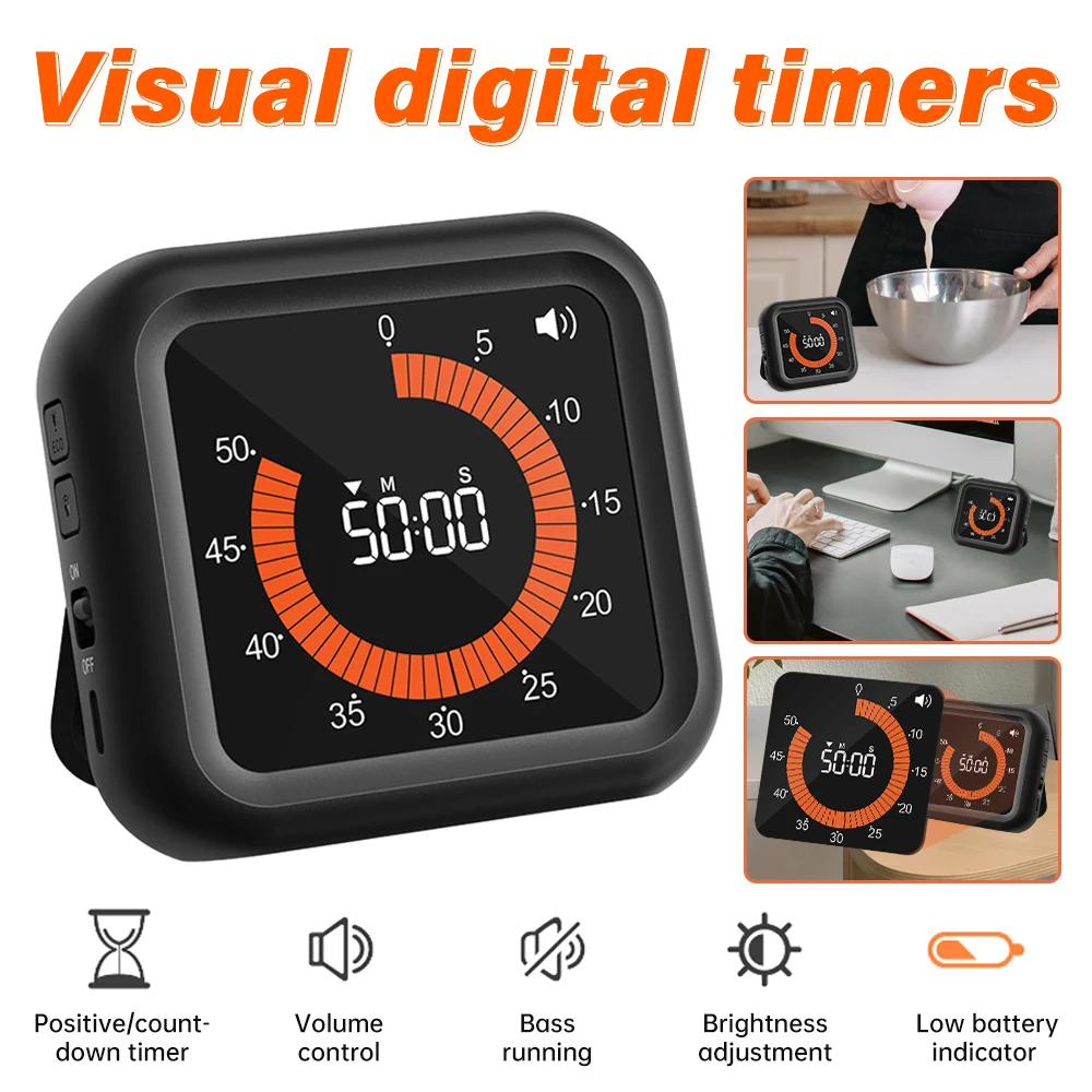 LCD Visual Timer Digital Display Manual Dial Countdown Alarm Timer USB Charging Timing Tool for Cooking Study Sports