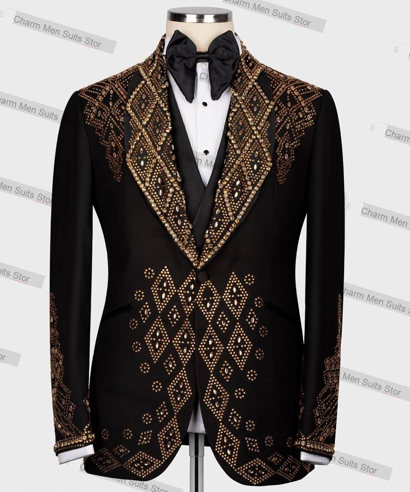 

Golden Beaded Men Suits Set 2 Piece Black Blazer+Pants Custom Made Jacket Office Business Groom Wedding Tuxedo Coat Trousers