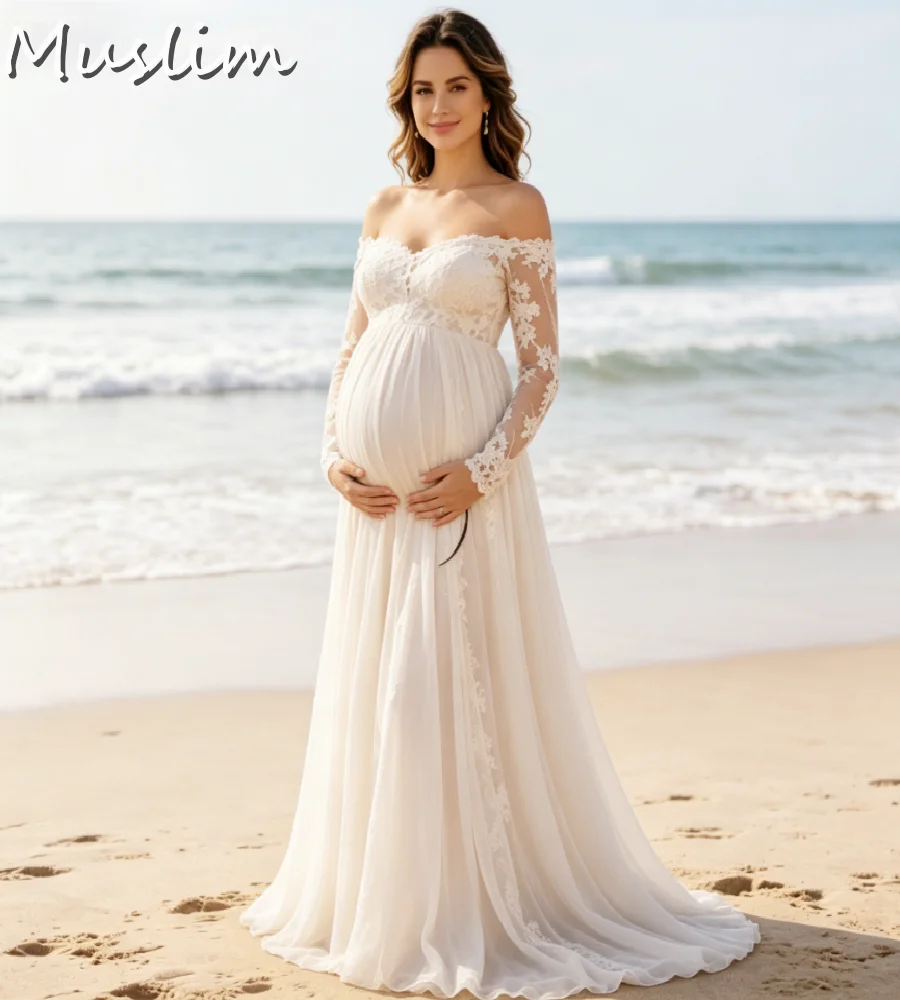 Off Shoulder Maternity Beach Wedding Dress Long Sleeve Chiffon Flowy Floor Length Bohemian Bridal Gowns 2026 Shoot Baby Shower