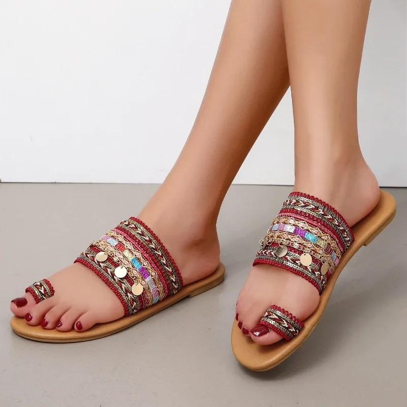 صنادل نسائية خفيفة الوزن مقاس كبير 35-43 نمط عرقي نعل ناعم مريح بسيط نعال مسطحة شباشب للتنقل اليومي #4