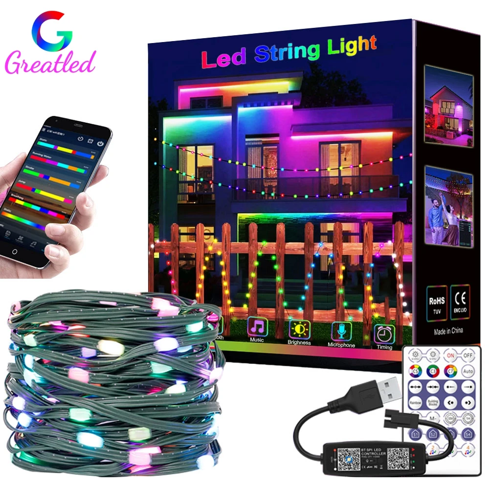 WS2812B LED String 5M 10M 20M RGBIC Dream Color Party Christmas Lights Individually Addressable String Lights Waterproof DC5V