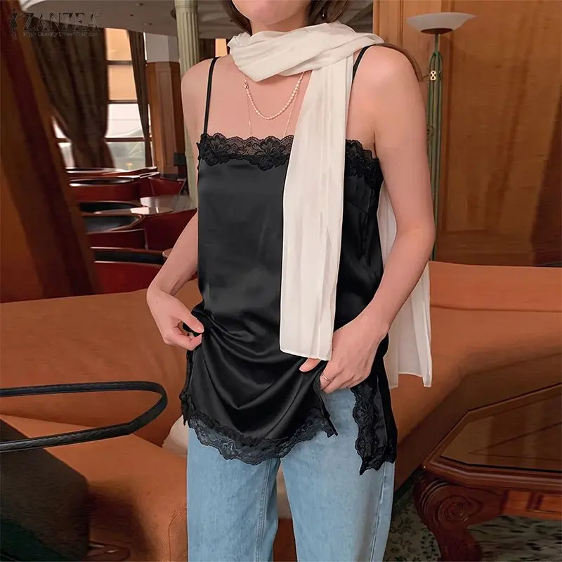 Woman Elegant Lace Trim Satin Tank Top Spaghetti Straps Square Neck Slit Hem Sleeveless Tops ZANZEA Summer Date Night Blouses