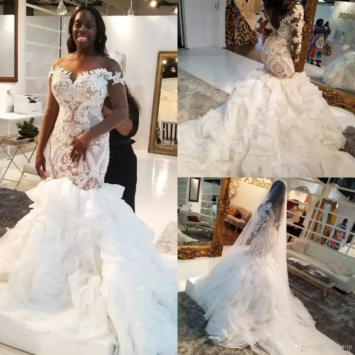 

Customized Customers Often Bought With Similar Items African Plus Size Mermaid Wedding Dresses Lace Appliques Sweep Train Cascad