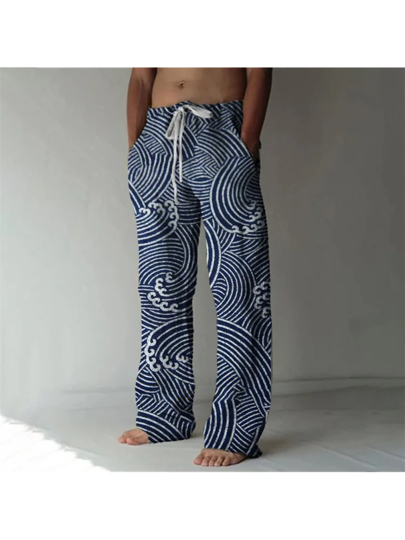 Casual men's wave ripple 3D printing multifunctional fashionable men's loose casual pants pocket drawstring sports pants