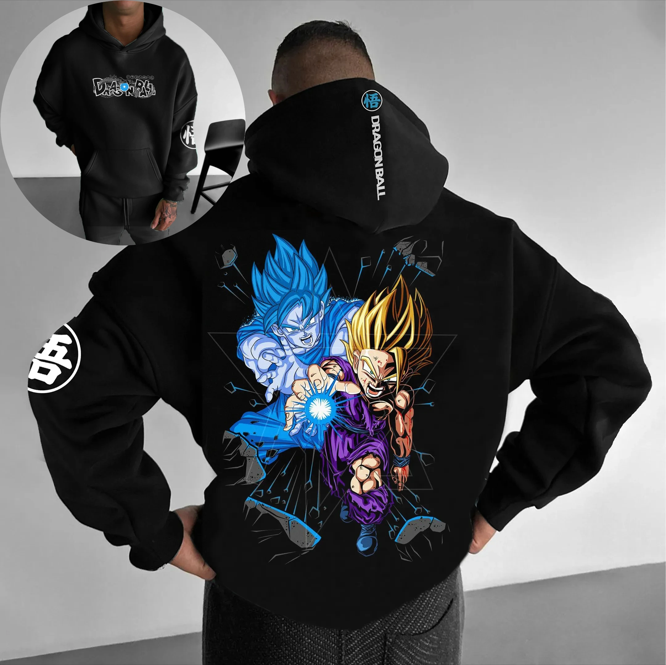 

Dragon Ball Z Goku Super Saiyan God Blue Energy Anime Hoodie Men Black Back Print Japanese Sleeve Text Streetwear Fashion Casual