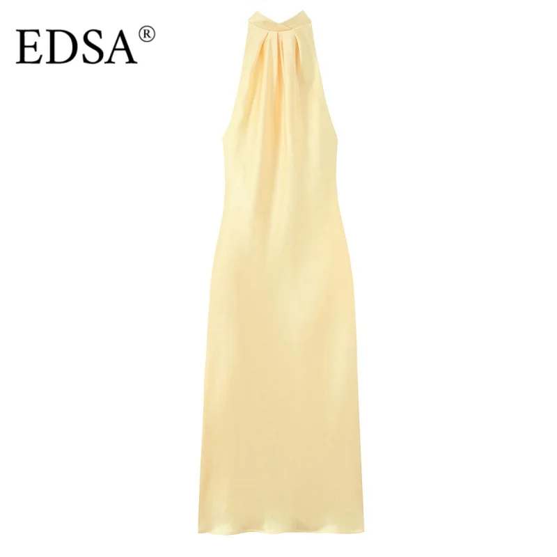 EDSA 女性イエローサテンミディドレスホルターネックハイウエストノースリーブオープンバック女性のロングドレスパーティーホリデー用
