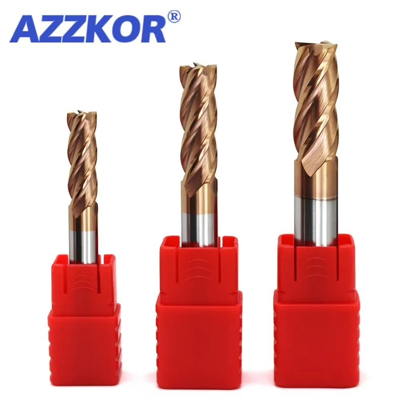 AZZKOR HRC55 4-Shank 10PCS Milling Cutter Tungsten Steel Carbide Alloy Coating 4-Flute Flat End Mill For CNC Machining Endmills