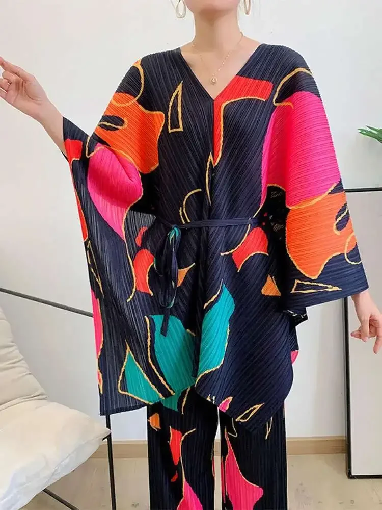 Miyake 2025 verão novo conjunto de duas peças feminino com decote em v solto batwing impressão topo com calças de perna larga roupas de moda feminina