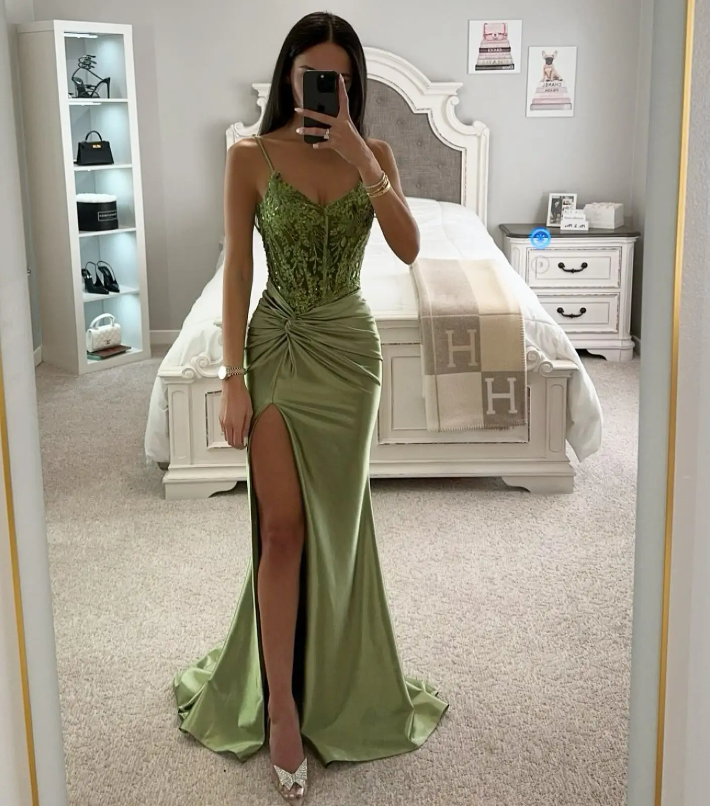 Cathy Spaghetti Strap Green Lace Embroid Prom Dresses Spring Side Split Mermaid Evenging Dress Sexy Satin Vestidos De Noche