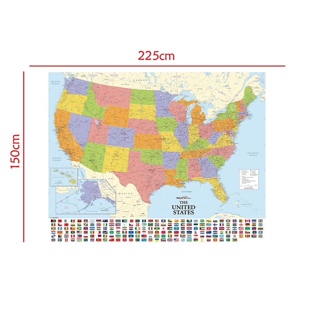 Perlengkapan sekolah lukisan kanvas non-tenun, peta Amerika Serikat detail, gambar gantung 225*150cm